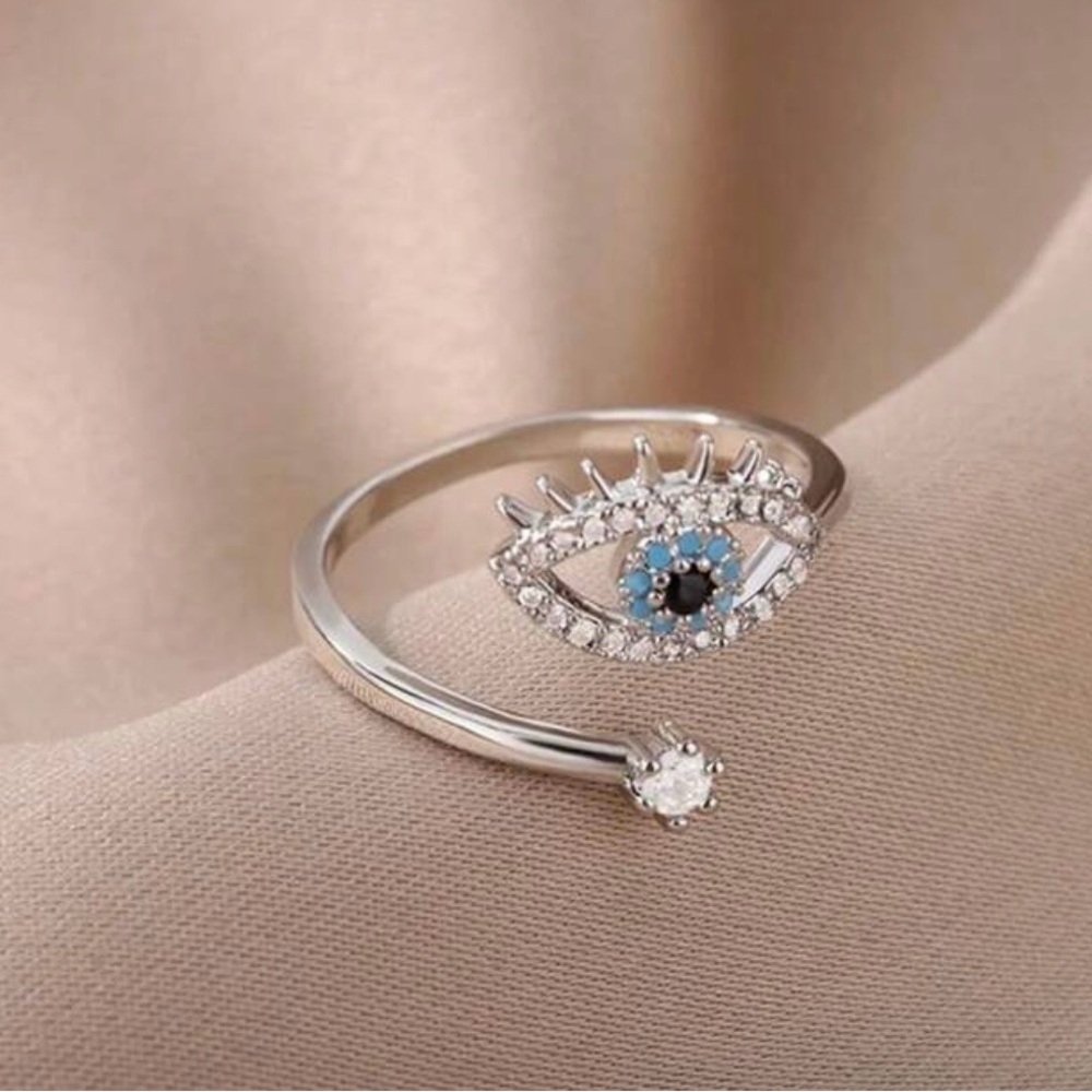 14k Silver Evil Eye Ring with Rhinestones Adjustable Ring - Picture 5 of 6